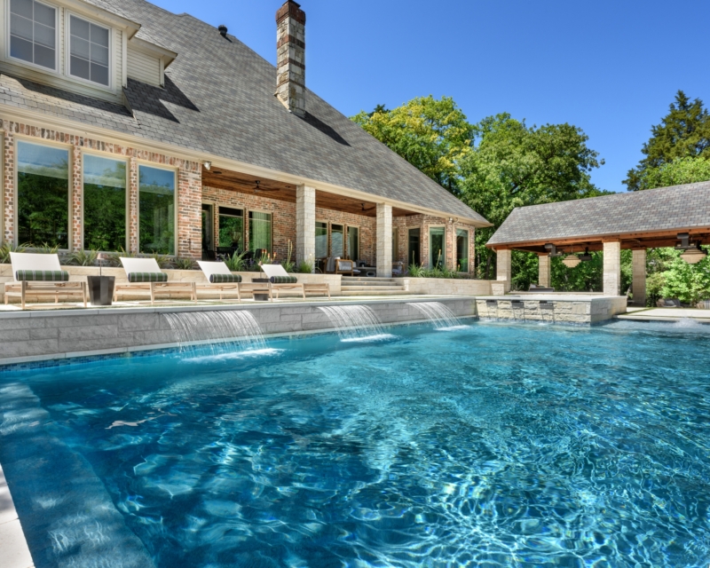 close-up of geometric pool with pool water features